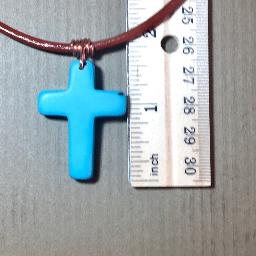 16” Turquoise Howlite Cross Leather  Necklace - Picture 5 of 6